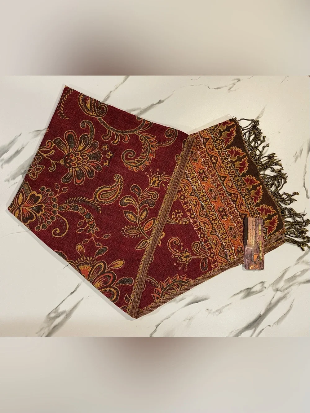 Pashmina, Burgundy, Brown & Gold, Lightweight Warmth, 26